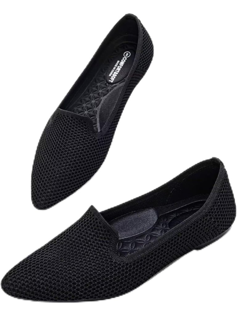 Women's Black Pointed Toe Flats Breathable Knit With Arch Support Comfortable
